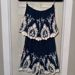 4/$20 Alya Navy Romper with White Lace Embellishments